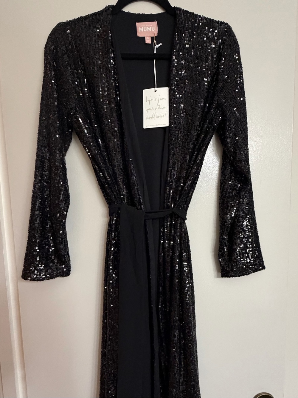 Black Sequin wrap dress with tie belt, NWT